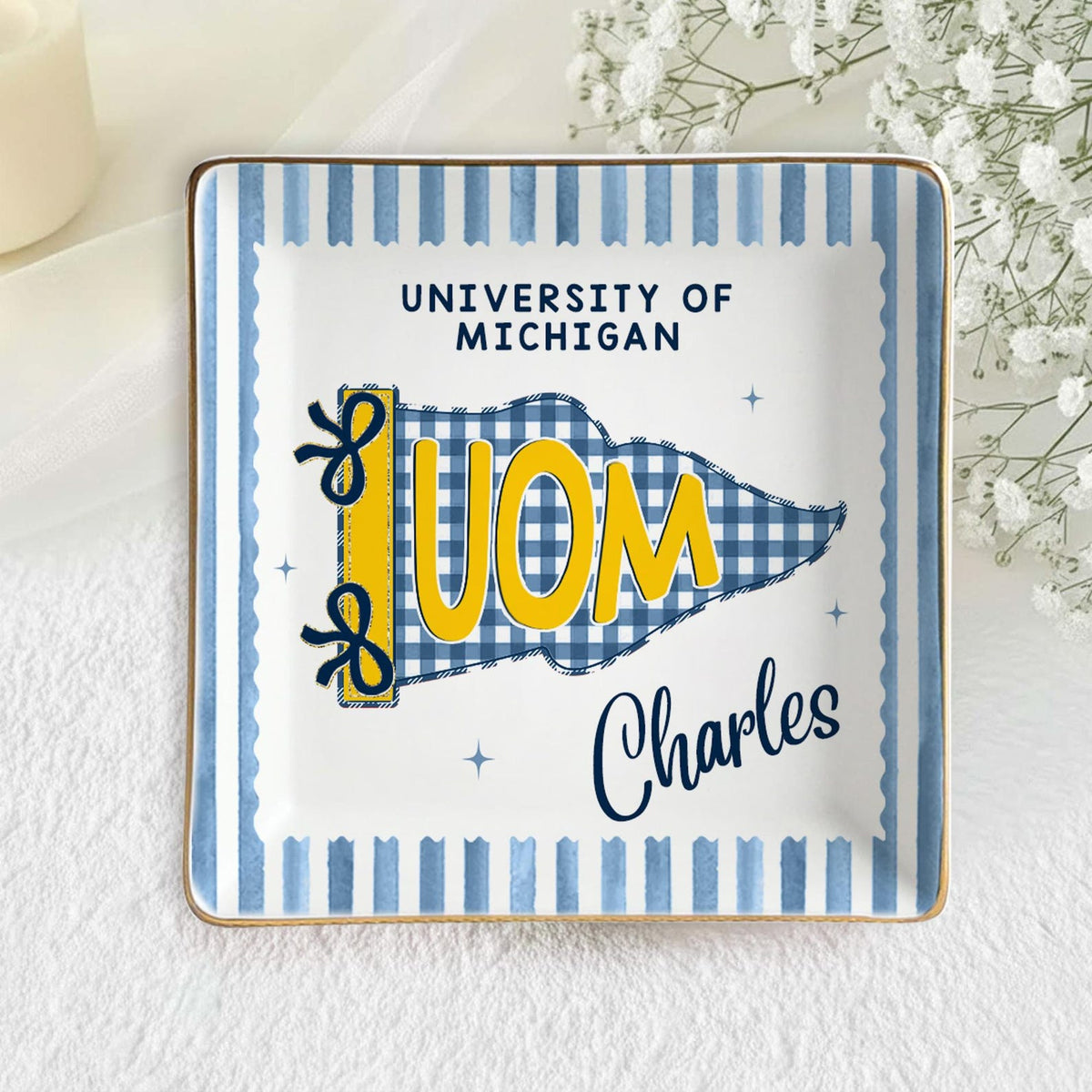 Custom School Pennant Flag Ring Dish, College Graduation Gift, Class of 2026 Jewelry Tray, University Spirit Striped Dish, Senior Night Gift