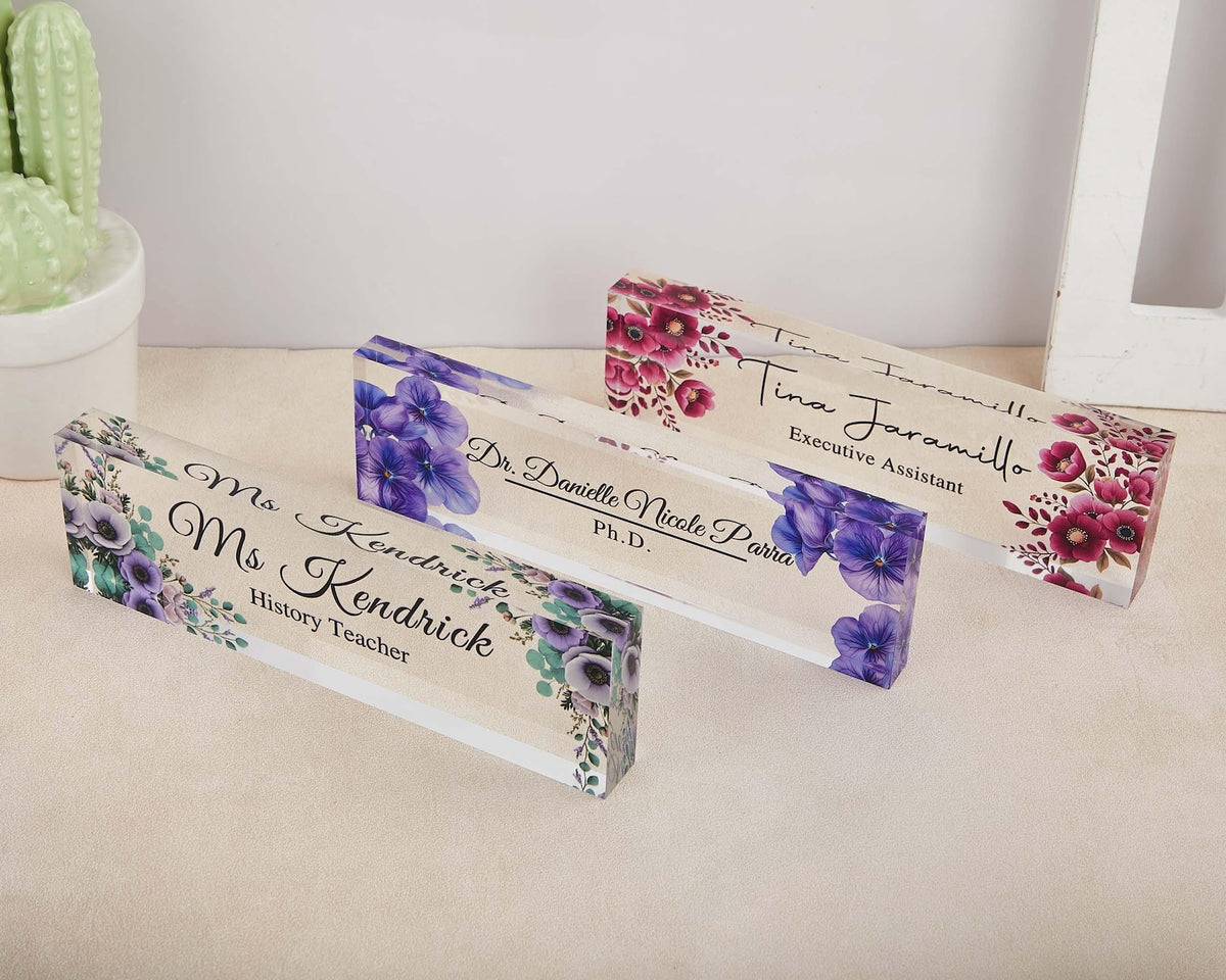 Desk Plaque,Acrylic Desk Name Plate, Floral Office Decor, Custom Teacher Gift,Name plate,New Job Gift