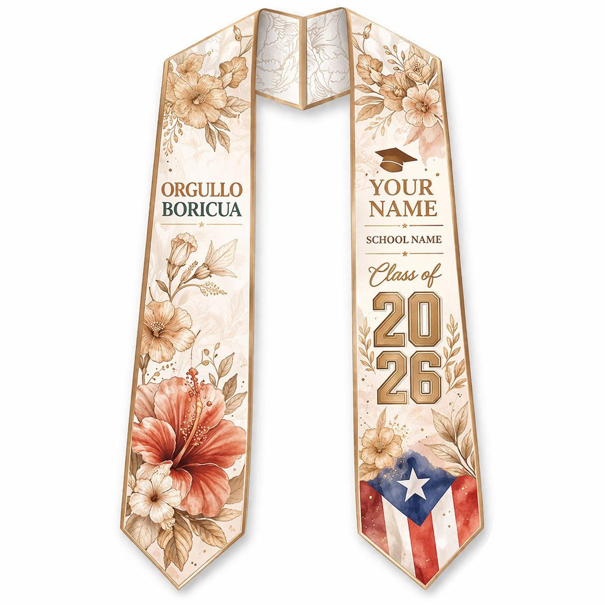 Personalized Puerto Rican Flag Graduation Sash, Class of 2026 Stole, Custom Grad Gift