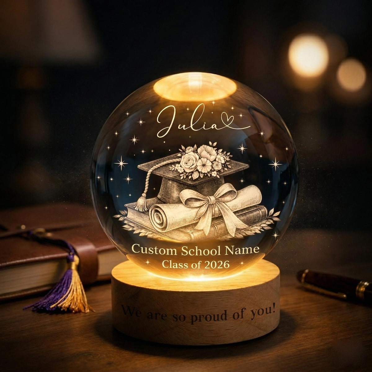 Personalized 2026 Graduation Crystal Ball Night Light, Class of 2026 Graduation Gift, College Grad Gift for Senior, Bestie, Daughter