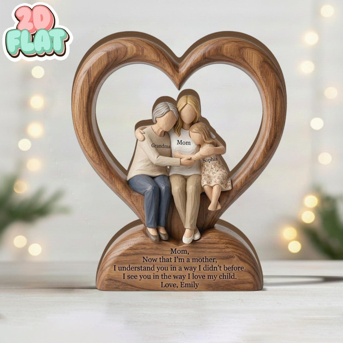 Generational Family 2D FLAT Wooden Block, Grandma Mom Daughter Keepsake, Personalized Wood Gift, Mother Daughter Gift, Family Heart Decor