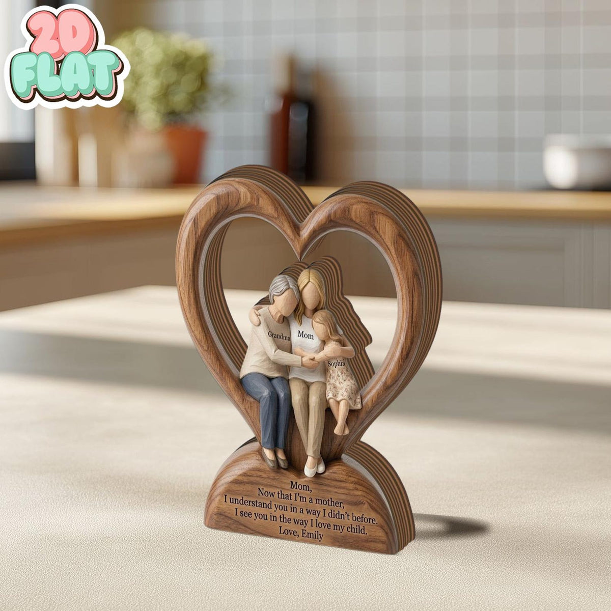 Generational Family 2D FLAT Wooden Block, Grandma Mom Daughter Keepsake, Personalized Wood Gift, Mother Daughter Gift, Family Heart Decor