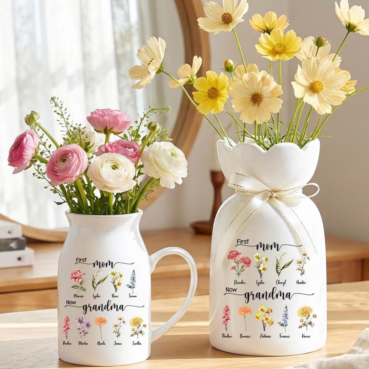 Personalized Birth Flower Vase for Grandma, First Mom Now Grandma Gift, Custom Grandkids Name Vase, Mothers Day Gift for Grandma