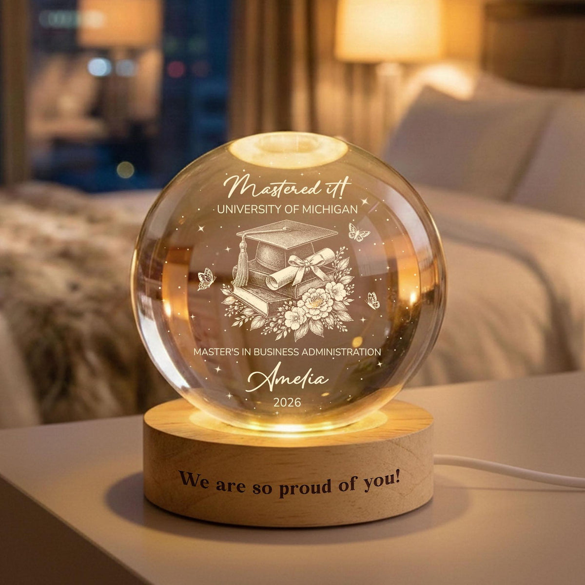 Custom Master's Degree Graduation Crystal Ball Night Light, Custom MBA Keepsake Gift, Graduation Gift For Bestie, Daughter, College Gift