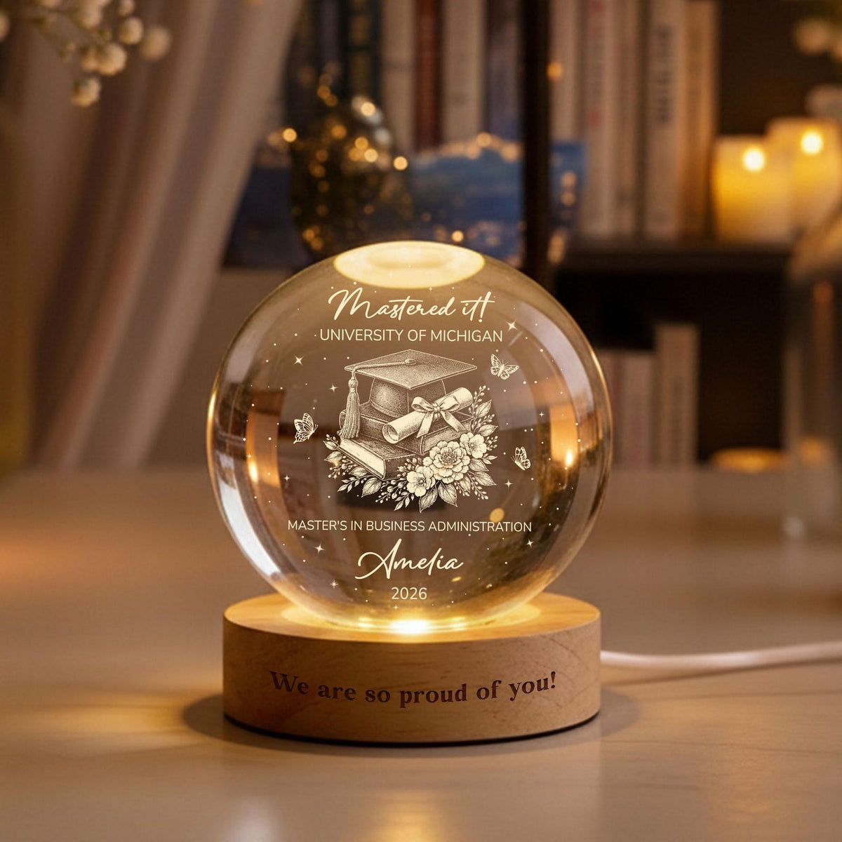 Custom Master's Degree Graduation Crystal Ball Night Light, Custom MBA Keepsake Gift, Graduation Gift For Bestie, Daughter, College Gift