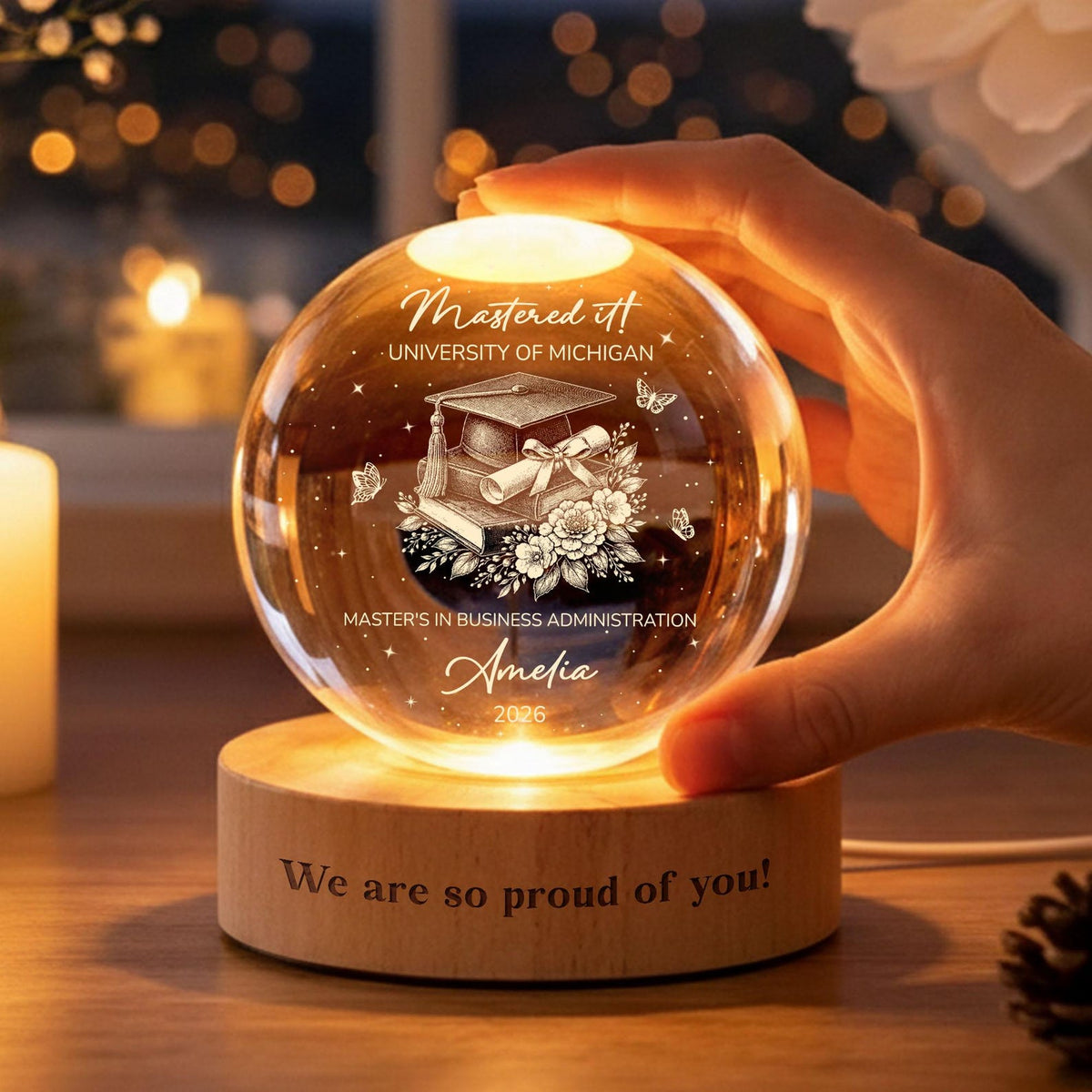 Custom Master's Degree Graduation Crystal Ball Night Light, Custom MBA Keepsake Gift, Graduation Gift For Bestie, Daughter, College Gift