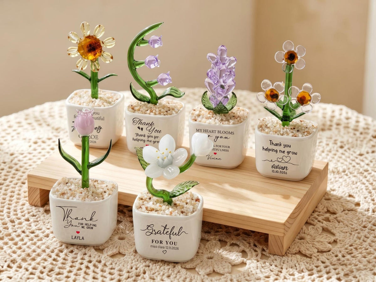 Glass Plant Pot, Personalized Name Mini Glass Flower Cactus Ornament, End Of School Term Gift, Teacher Appreciation Desk Table Decoration
