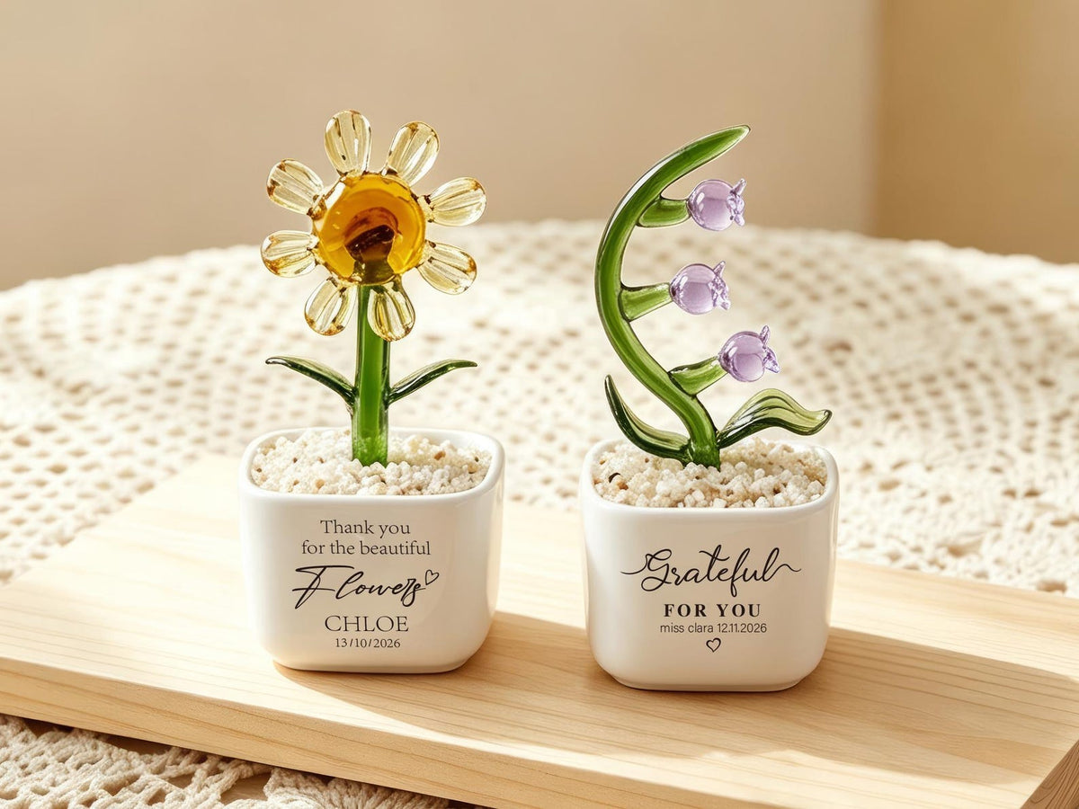 Glass Plant Pot, Personalized Name Mini Glass Flower Cactus Ornament, End Of School Term Gift, Teacher Appreciation Desk Table Decoration
