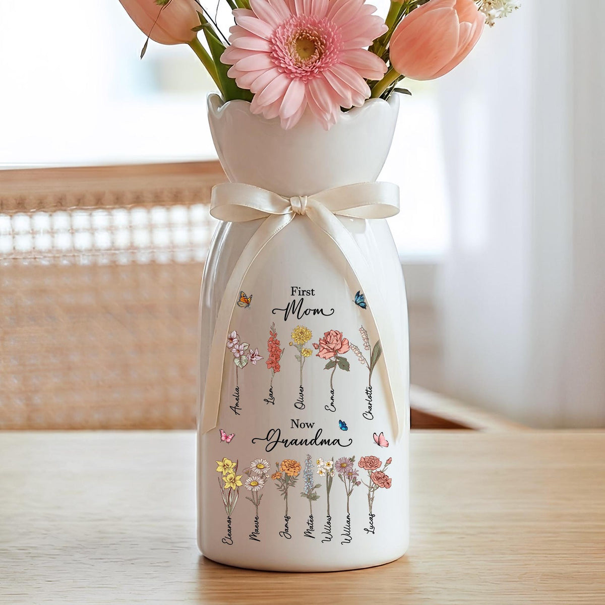 Custom First Mom Now Grandma Ceramic Flower Vase, Birth Month Flower Vase, Grandmas Garden Vase, Birthday Gift for Mom Nana Mothers Day Gift