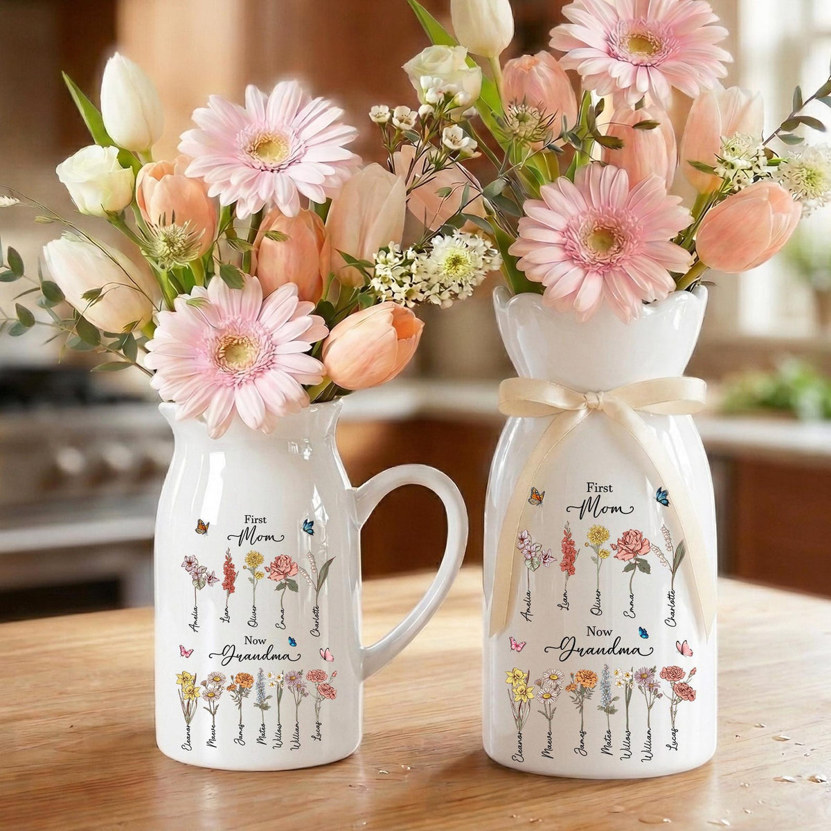 Custom First Mom Now Grandma Ceramic Flower Vase, Birth Month Flower Vase, Grandmas Garden Vase, Birthday Gift for Mom Nana Mothers Day Gift