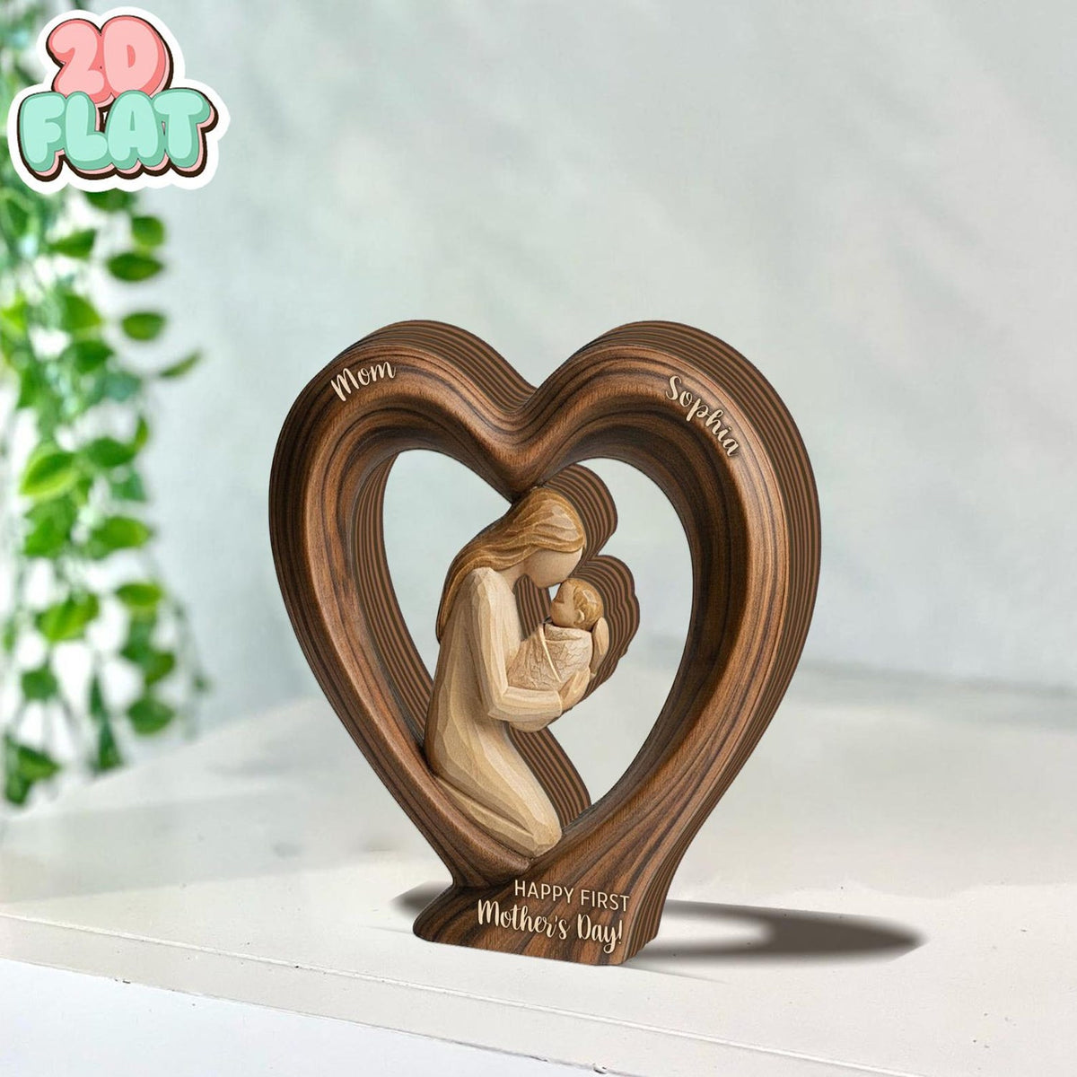 First Mothers Day 2D FLAT Wooden Block Gift, Personalized Mom and Baby Keepsake, Heart Shape Wood Sculpture, New Mom Gift, Custom Name Decor