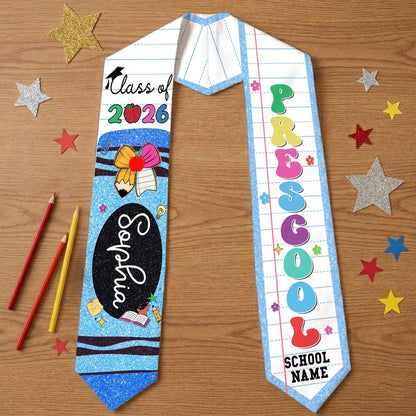 Custom Name Kid Graduation Stole, Crayon Kindergarten Grad Stole, Graduation Gift for Daughter Son, Class of 2026 & Last Day Of School Gift