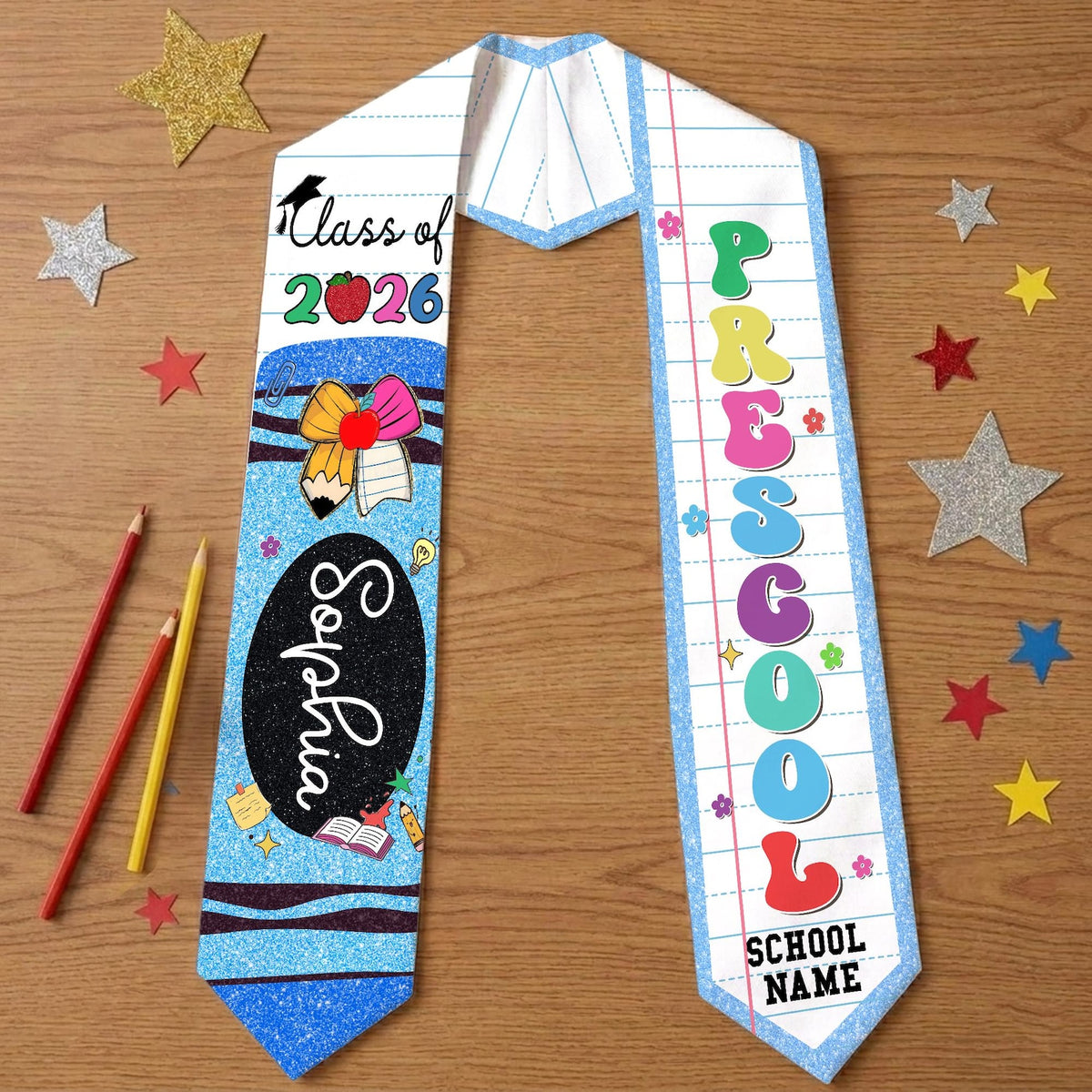 Custom Name Kid Graduation Stole, Crayon Kindergarten Grad Stole, Graduation Gift for Daughter Son, Class of 2026 & Last Day Of School Gift