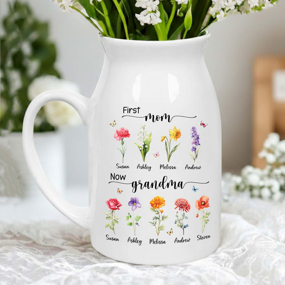 Custom First Mom Now Grandma Ceramic Flower Vase, Birth Month Flower Vase, Grandmas Garden Vase, Birthday Gift for Mom Nana,Mothers Day Gift