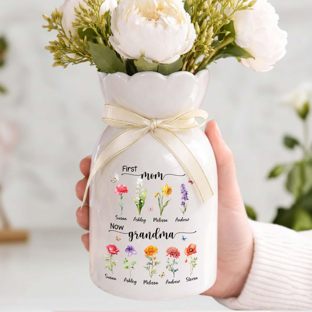 Personalized First Mom Now Grandma Flower Vase, Birth Month Flower Vase with Grandkids Name, Grandma Gift, Mothers Day Gift