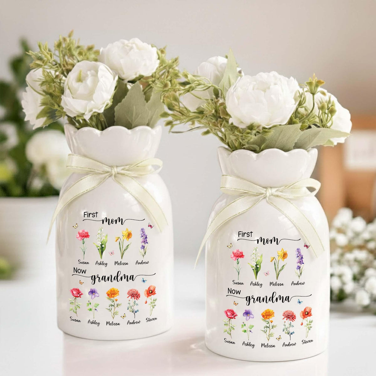 Personalized First Mom Now Grandma Flower Vase, Birth Month Flower Vase with Grandkids Name, Grandma Gift, Mothers Day Gift