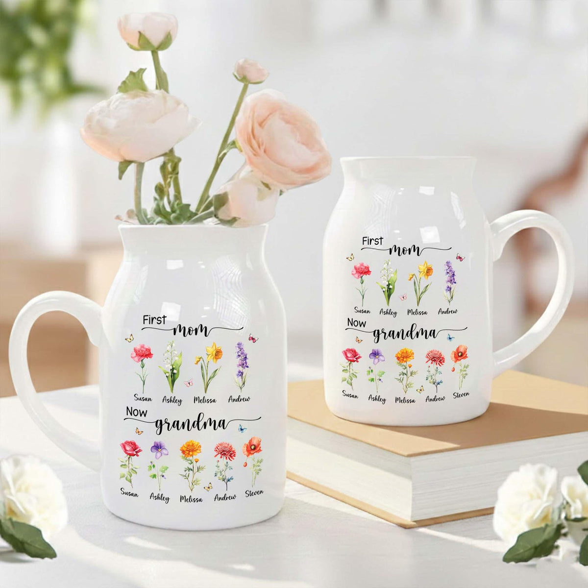Custom First Mom Now Grandma Ceramic Flower Vase, Birth Month Flower Vase, Grandmas Garden Vase, Birthday Gift for Mom Nana,Mothers Day Gift