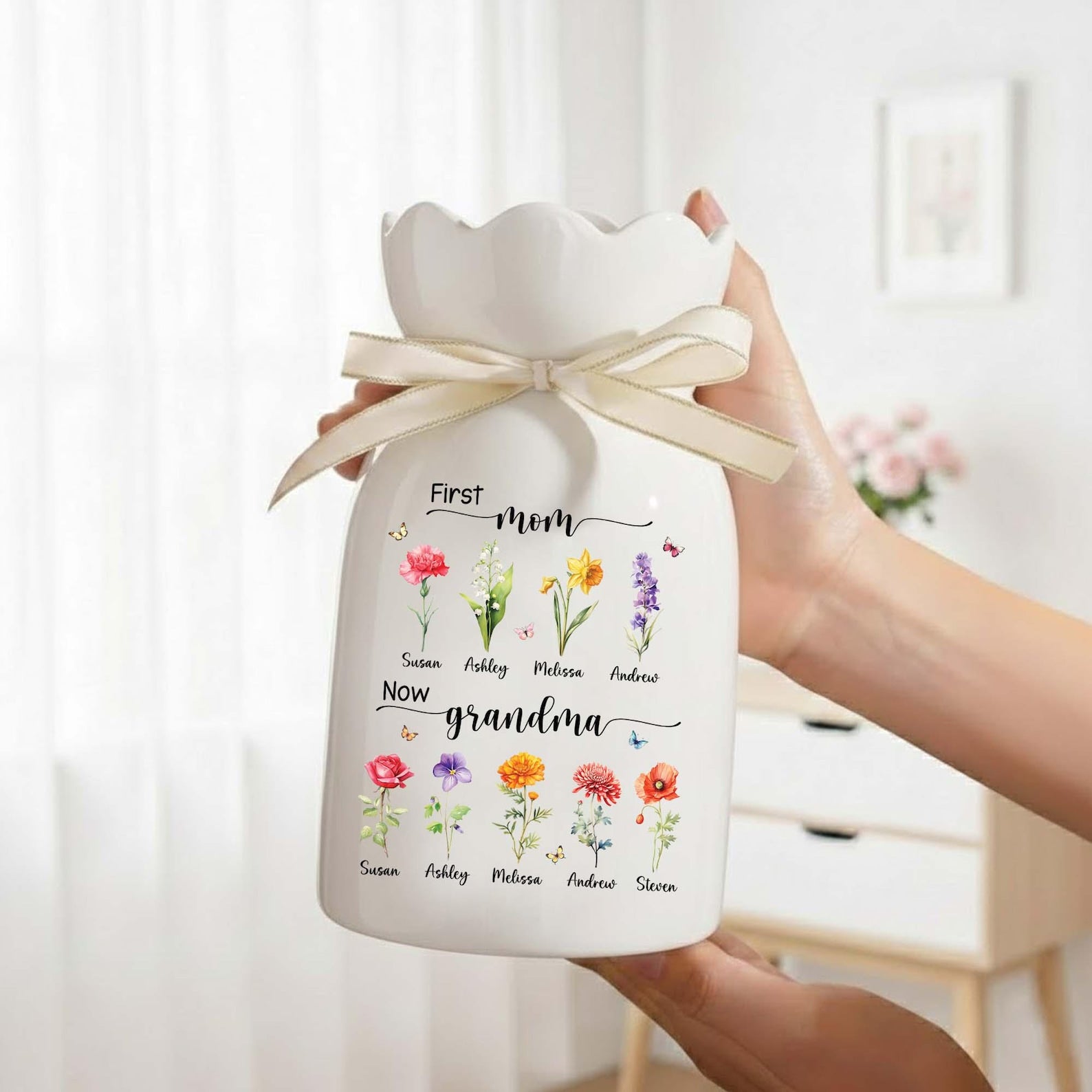 Personalized First Mom Now Grandma Flower Vase, Birth Month Flower Vase with Grandkids Name, Grandma Gift, Mothers Day Gift