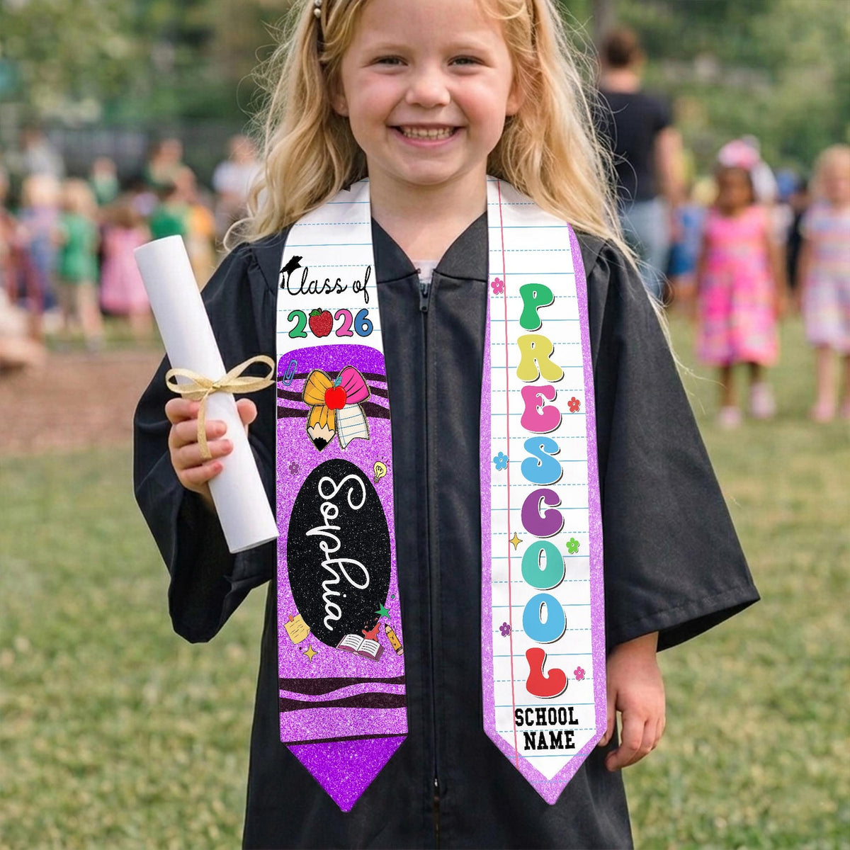 Custom Name Kid Graduation Stole, Crayon Kindergarten Grad Stole, Graduation Gift for Daughter Son, Class of 2026 & Last Day Of School Gift