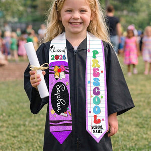 Custom Name Kid Graduation Stole, Crayon Kindergarten Grad Stole, Graduation Gift for Daughter Son, Class of 2026 & Last Day Of School Gift