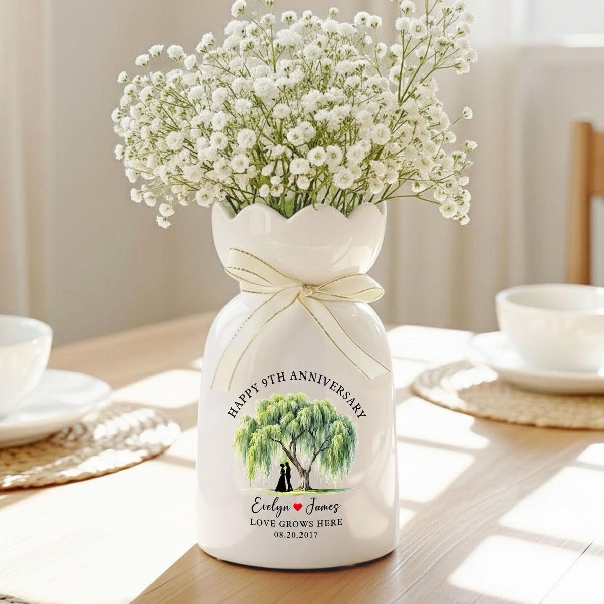 9th Anniversary Willow Tree Ceramic Flower Vase, Custom Wedding Anniversary Gift for Wife, Anniversary Gifts for Couple,Wedding Gift For Her