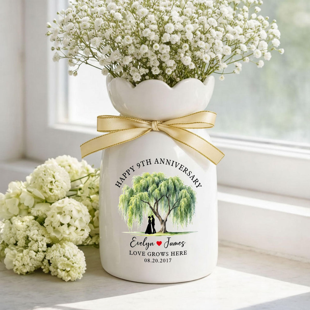9th Anniversary Willow Tree Ceramic Flower Vase, Custom Wedding Anniversary Gift for Wife, Anniversary Gifts for Couple,Wedding Gift For Her
