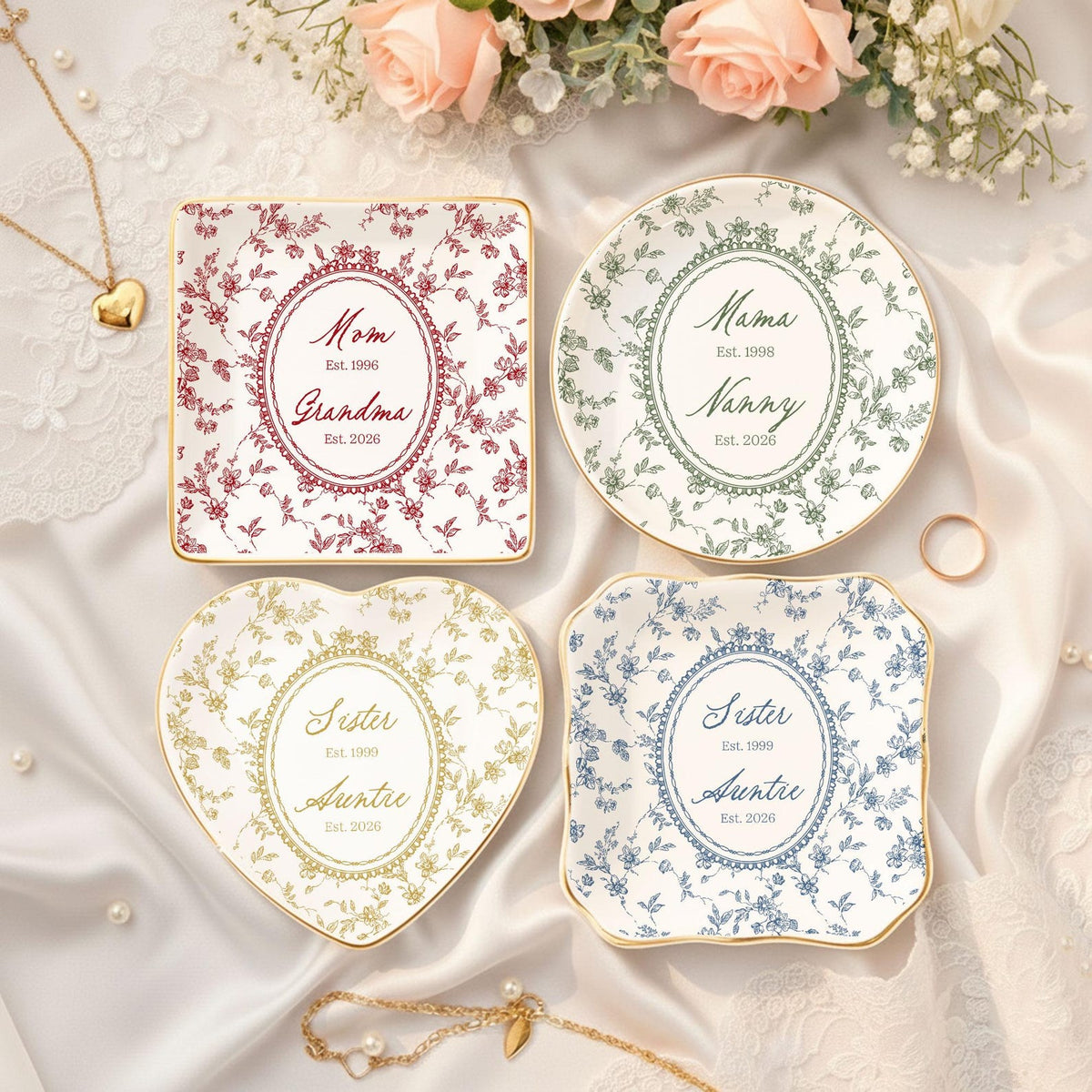 Personalized Toile de Jouy Grandma Est Ring Dish, Custom New Grandma Ceramic Jewelry Tray, Promoted To Grandma, Mothers Day Gift for Grandma