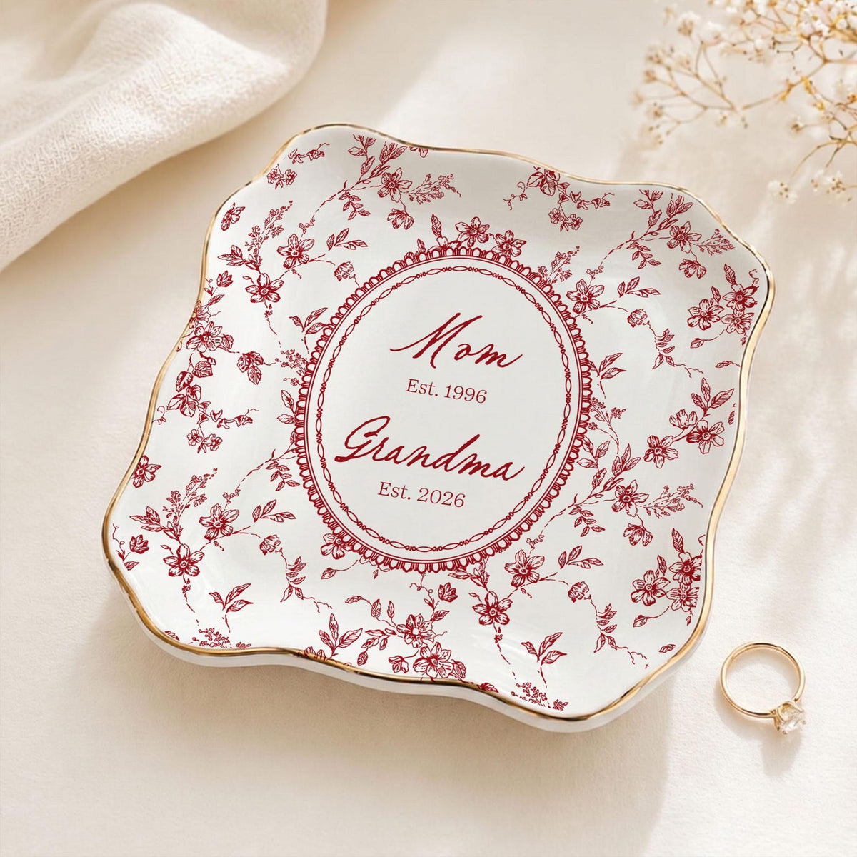 Personalized Toile de Jouy Grandma Est Ring Dish, Custom New Grandma Ceramic Jewelry Tray, Promoted To Grandma, Mothers Day Gift for Grandma