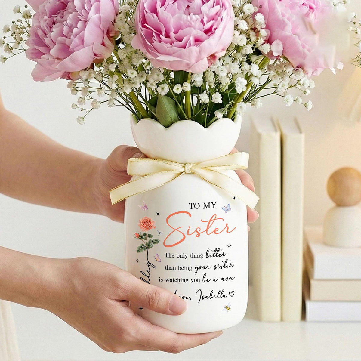 Personalized Sister Mother s Day Ceramic Flower Vase, Custom Sister Mom Vase Gift, New Mom Gift from Sister, Mother s Day Gift for Sister
