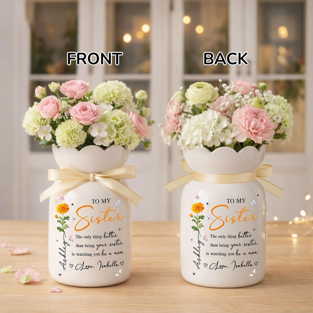 Personalized Sister Mother s Day Ceramic Flower Vase, Custom Sister Mom Vase Gift, New Mom Gift from Sister, Mother s Day Gift for Sister