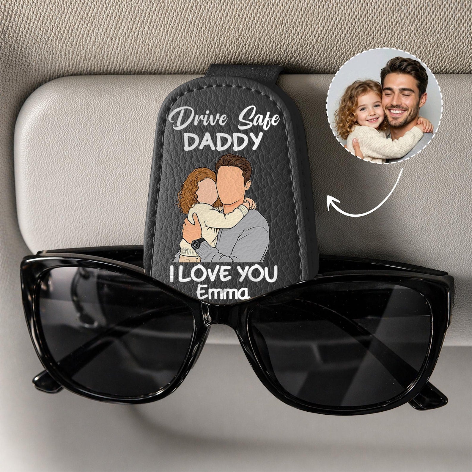 Custom Photo Car Visor Drive Safe Daddy Sunglasses Holder: Personalized Portrait From Photo Sunglass Holder, Fathers Day Gift, Grandpa Gift