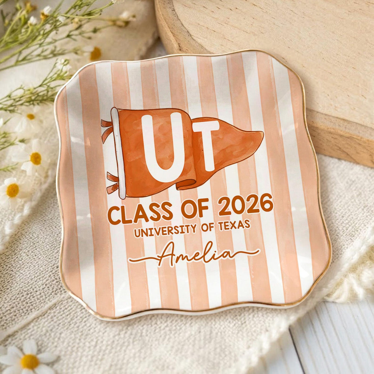 Custom School Pennant Flag Ring Dish: Class of 2026 Graduation Gift, College University Pride Spirit Gift, Senior Striped Tray for Her
