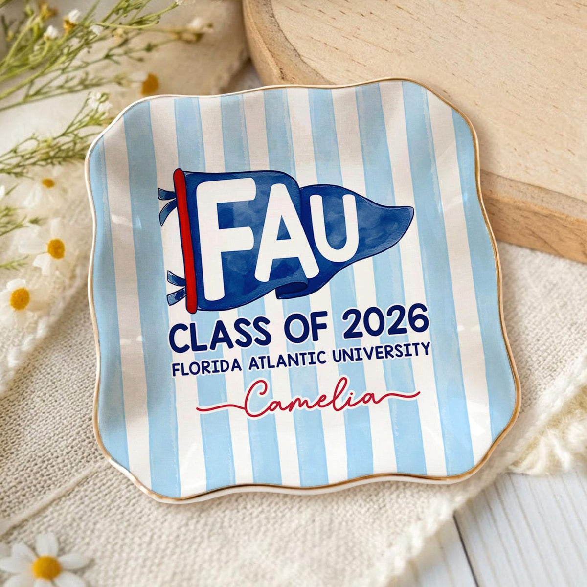 Custom School Pennant Flag Ring Dish: Class of 2026 Graduation Gift, College University Pride Spirit Gift, Senior Striped Tray for Her