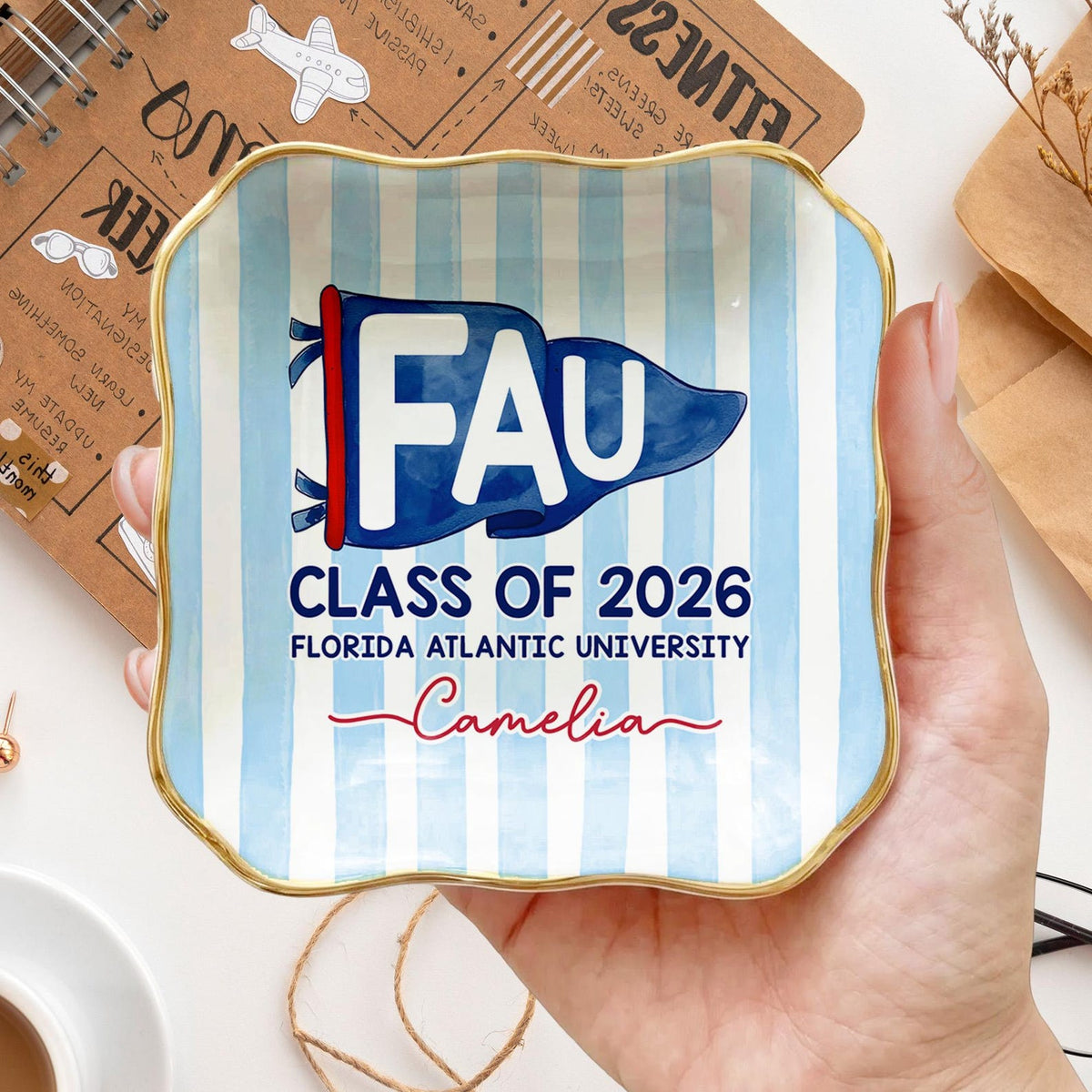 Custom School Pennant Flag Ring Dish: Class of 2026 Graduation Gift, College University Pride Spirit Gift, Senior Striped Tray for Her