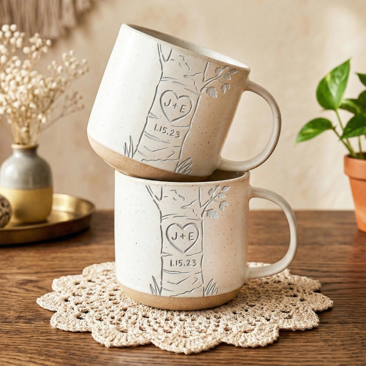 Personalized Engraved Couple Pottery Mug, Wedding Gift, Custom Carved Initials In A Heart Tree Couple Mug, Engagement Gifts, Newlywed Gift