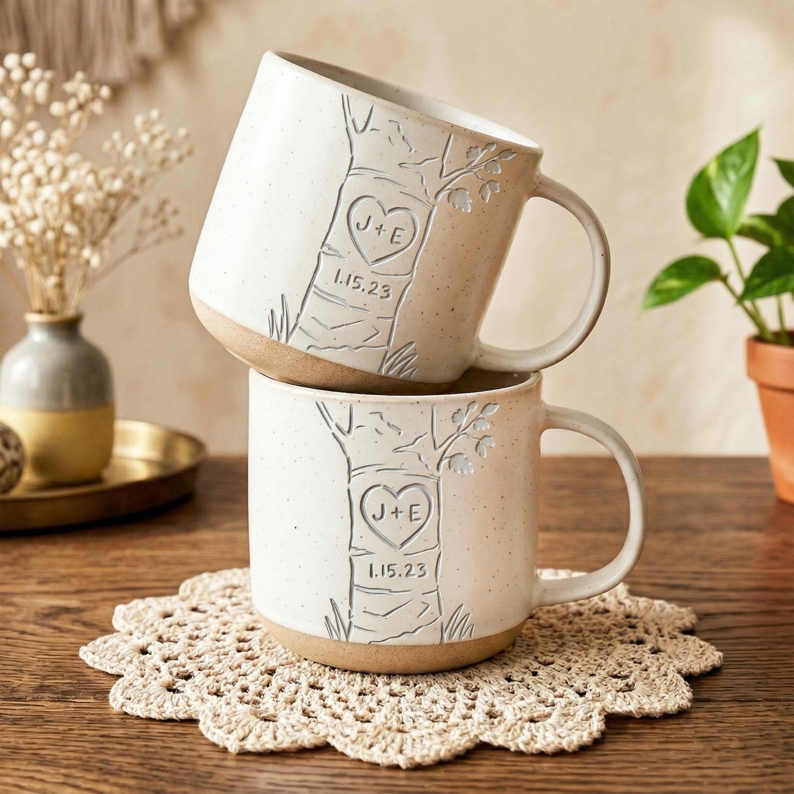 Personalized Engraved Couple Pottery Mug, Wedding Gift, Custom Carved Initials In A Heart Tree Couple Mug, Engagement Gifts, Newlywed Gift
