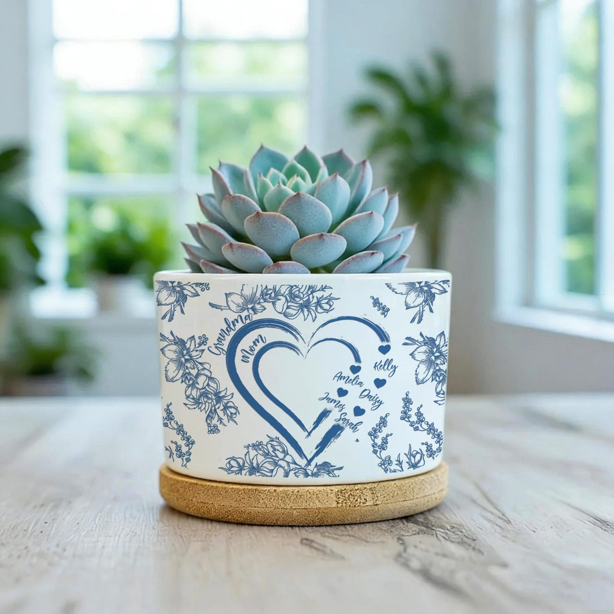 Personalized Mom And Grandma Heart Plant Pot, Custom Mum-Nana Generation Planter, Toile De Jouy Style Ceramic Flower Pot, Mother's Day Gift