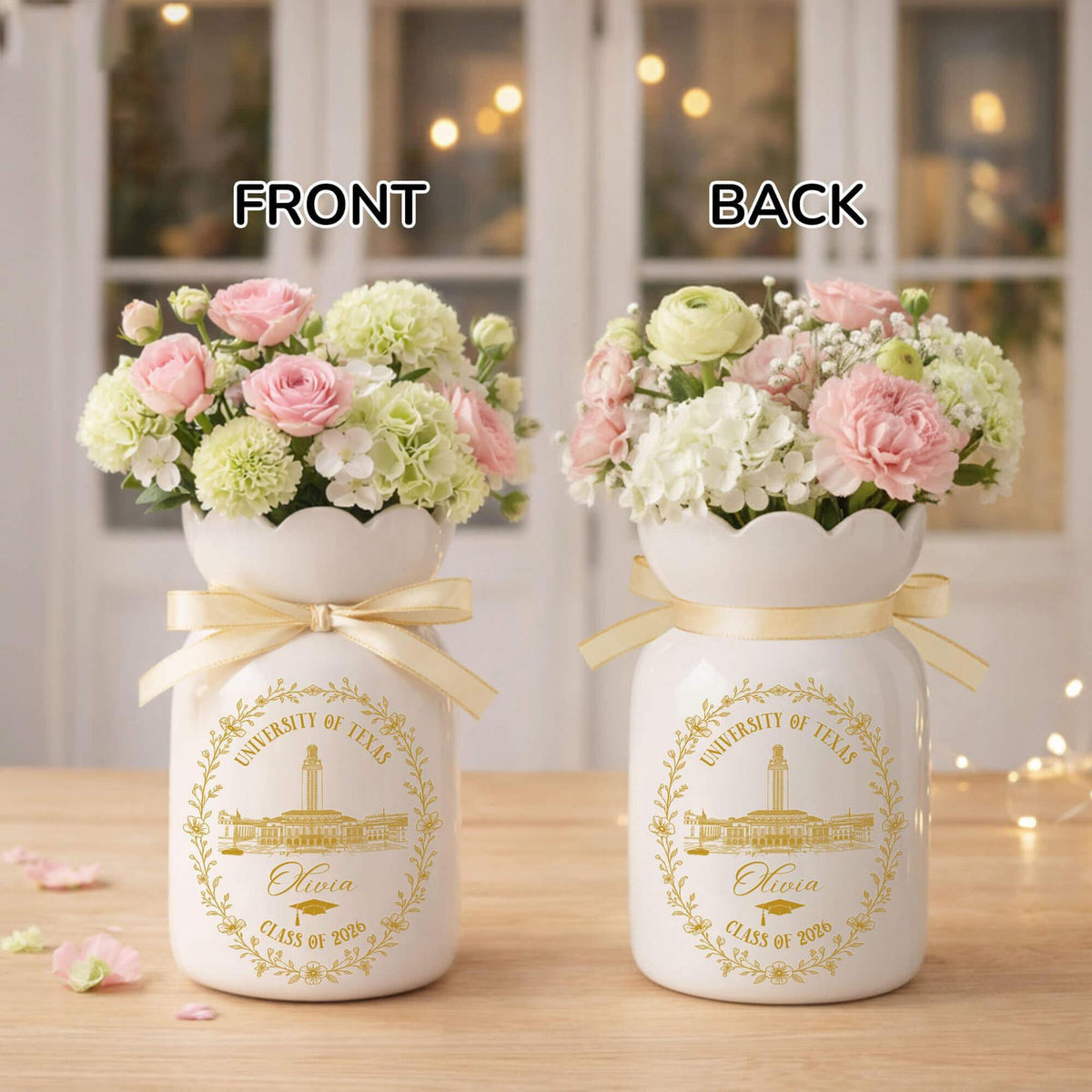 Personalized University College Portrait Flower Vase, Graduation Ceramic Vase, Class of 2026 Graduation Gift for Daughter, Graduate Keepsake