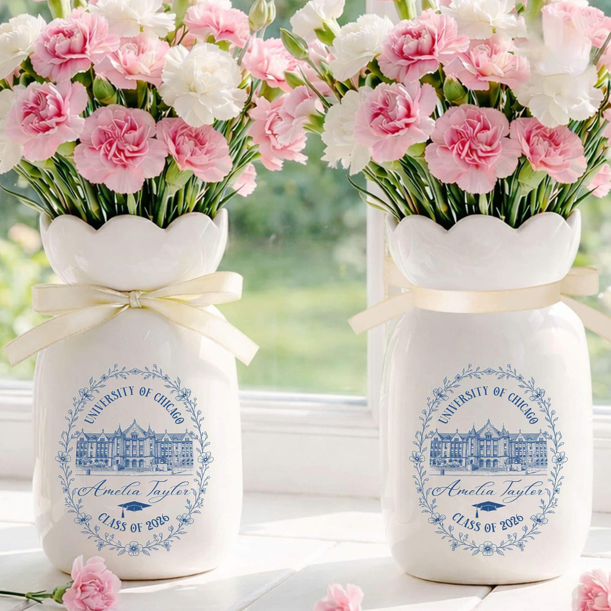 Personalized University College Portrait Flower Vase, Graduation Ceramic Vase, Class of 2026 Graduation Gift for Daughter, Graduate Keepsake