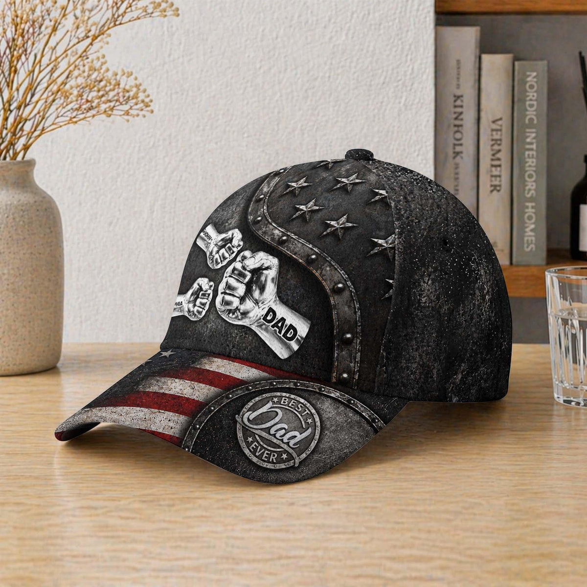 Personalized Fist Names Dad Hat, Custom Father's Day Cap, American Flag Design