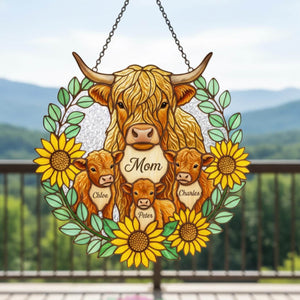 Personalized Highland Cow Family Acrylic Suncatcher, Custom Names Sunflower Decor, Mother's Day Gift for Mom Grandma