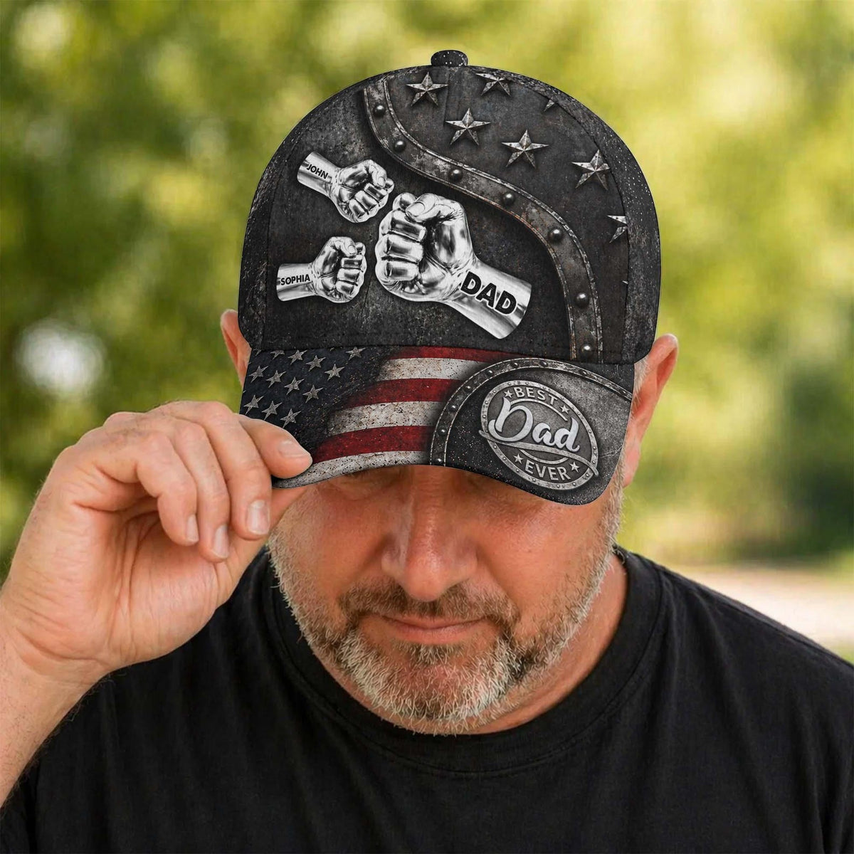 Personalized Fist Names Dad Hat, Custom Father's Day Cap, American Flag Design