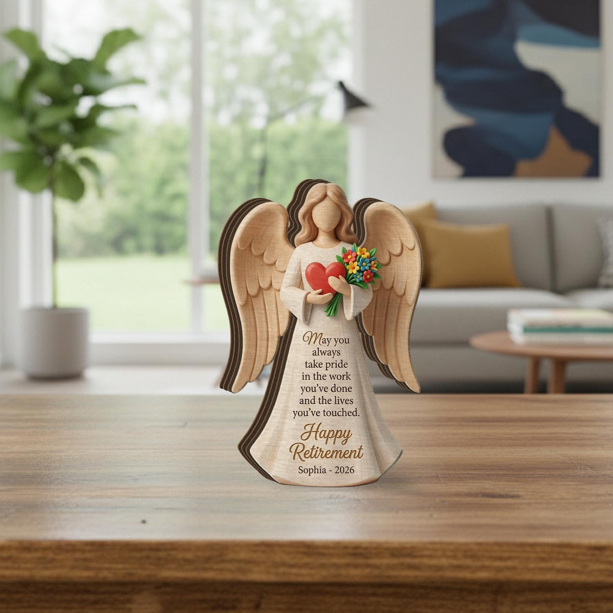 Personalized Retirement Angel Wooden Block: Custom Name Heart Floral Figurine