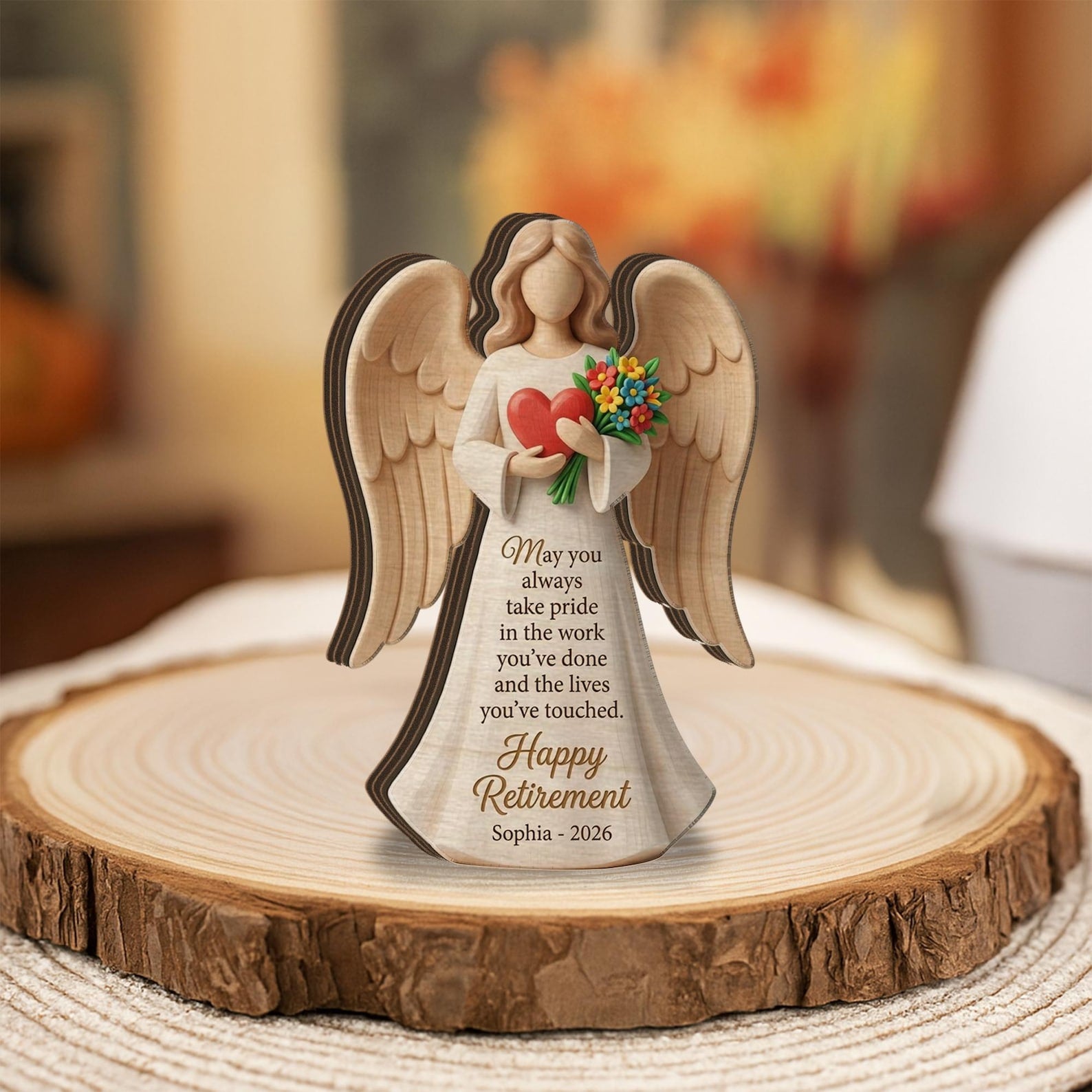 Personalized Retirement Angel Wooden Block: Custom Name Heart Floral Figurine