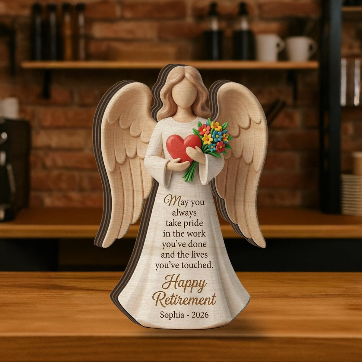 Personalized Retirement Angel Wooden Block: Custom Name Heart Floral Figurine