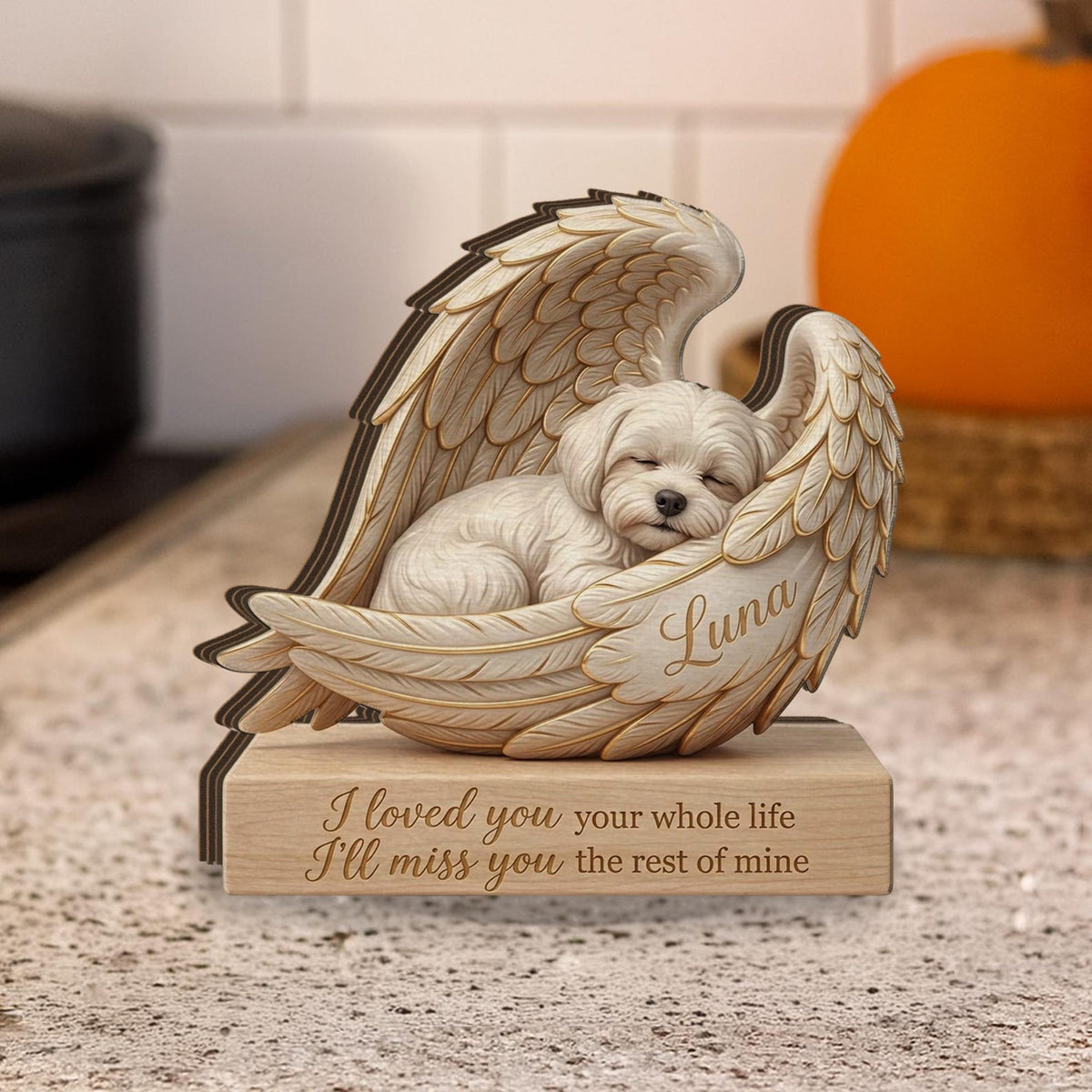 Personalized Wood Pet Memorial Block: Custom Angel Wing Dog Portrait Stand, Pet Sympathy Gift