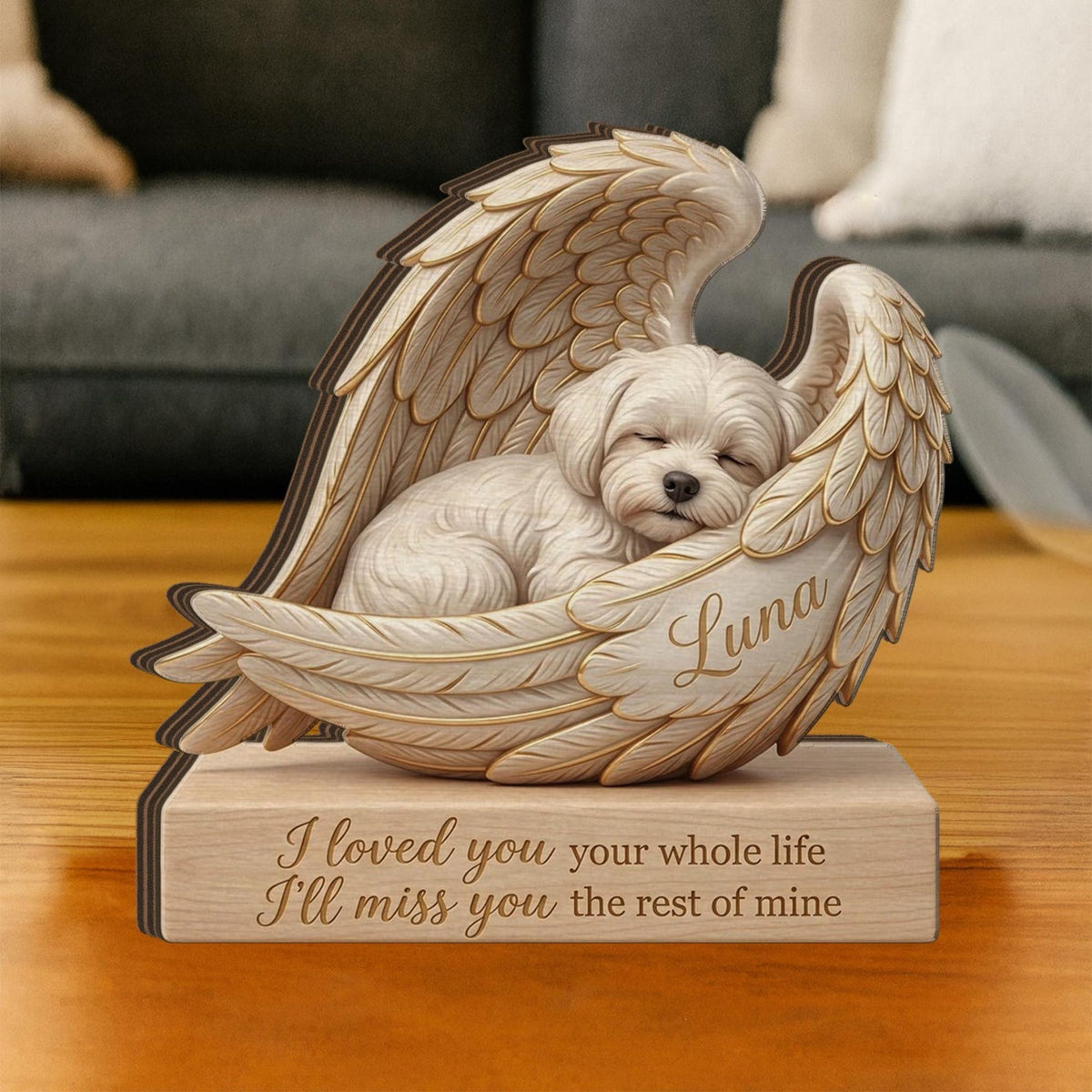 Personalized Wood Pet Memorial Block: Custom Angel Wing Dog Portrait Stand, Pet Sympathy Gift
