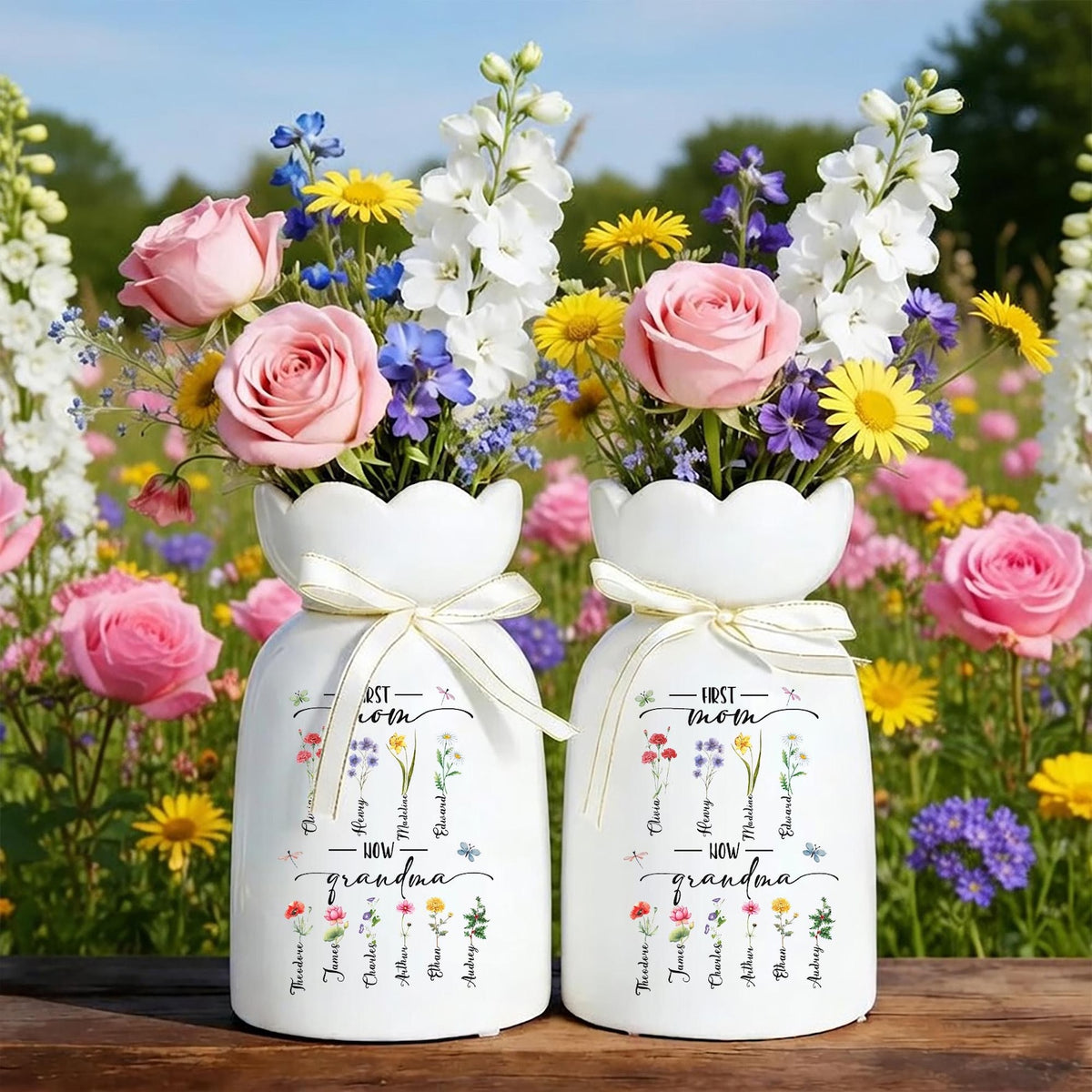 Custom First Mom Now Grandma Vase, Personalized Birth Month Flower Ceramic Jug, Mothers Day Gift For Nana, Grandma Garden Pitcher Decor