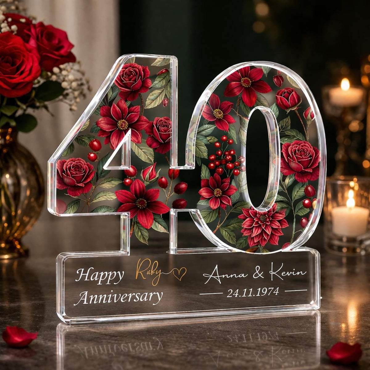 Personalized 40th Anniversary Gift, Ruby Anniversary Acrylic Block, Custom Name Date Wedding Keepsake, Ruby Wedding Gift for Parents Couple