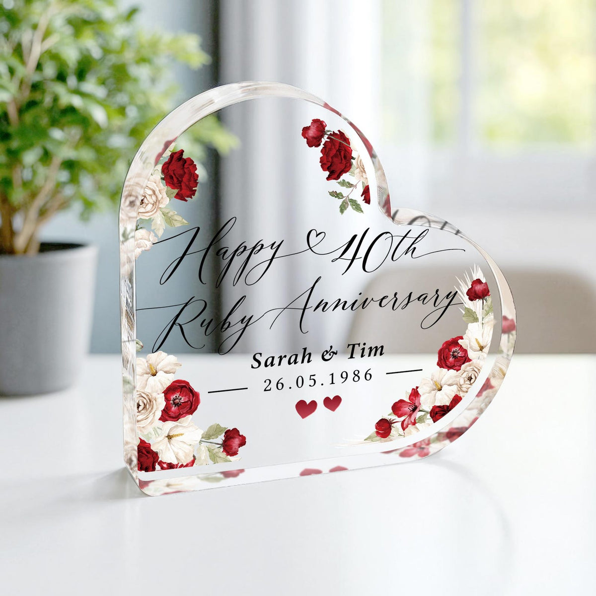 Personalised 40th Anniversary Gift Plaque, Ruby Anniversary Keepsake Frame, Polished Acrylic Heart Block